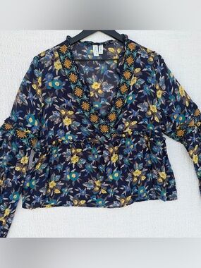 Meadow Rue Anthropologie Floral Embroidered Peasant Blouse Top Navy Blue M